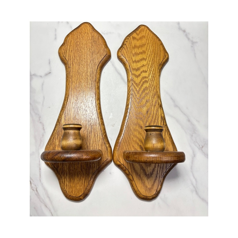 Vintage Oak Wood Wall Sconces Pair Taper Candle Holders Rustic Farmhouse Decor